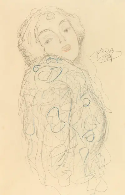 Damenporträt als Büste nach rechts, Kopf nach vorne gewandt von Gustav Klimt