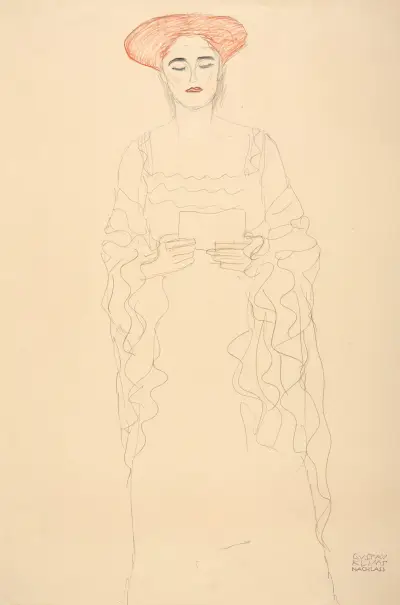 Lesende oder Singende von vorne (Reading or singing woman) av Gustav Klimt