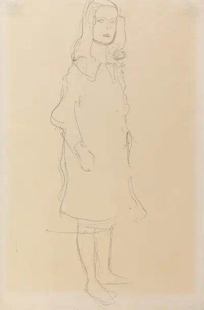 Mäda Primavesi, with coat, standing av Gustav Klimt