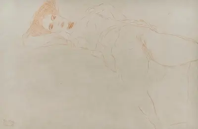Nach links liegender Akt mit gespreizten Beinen av Gustav Klimt