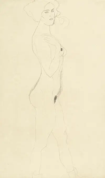 Schreitende nach rechts, die rechte Hand an der Schulter av Gustav Klimt