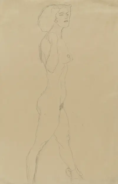 Schreitende (Die rechte Hand an der Schulter, das Gesicht im Dreiviertelprofil) av Gustav Klimt