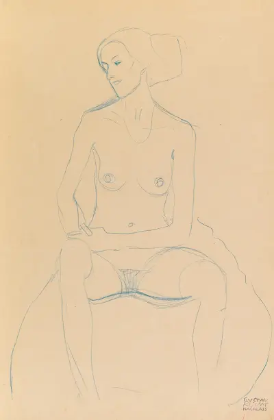 Seated nude girl, from the front, with tackled legs av Gustav Klimt