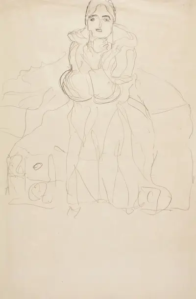 Sitzend von vorne, mit aufgestütztem Kinn (Seated Figure Head-On, Supporting her Chin) av Gustav Klimt