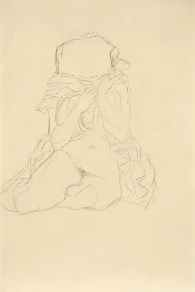 Sitzender Halbakt von vorne. Studie zu Tod und Leben (Semi-Nude seated. Study for Death and Life) av Gustav Klimt