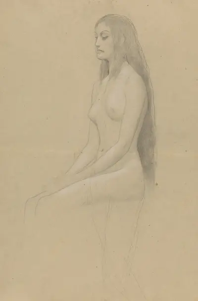 Sedící ženský akt s dlouhými rozpuštěnými vlasy, obrácený doleva, Gustav Klimt