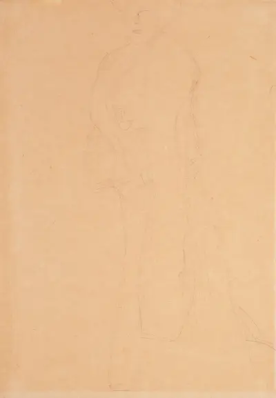 Standing figure to the left, the boa overlaps the left forearm av Gustav Klimt
