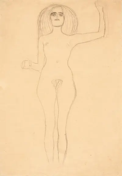 Stehender Akt von vorne mit erhobenem linken Arm (Standing nude with raised left arm) av Gustav Klimt
