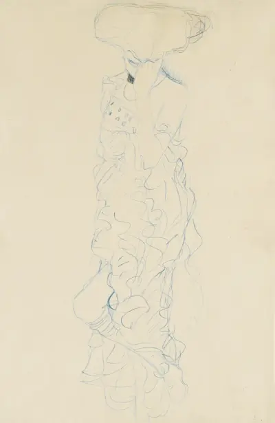 Stehender Halkbakt mit verdecktem Gesicht von vorne (Semi-Nude Woman Standing with Her Face Covered, Seen From the Front) av Gustav Klimt