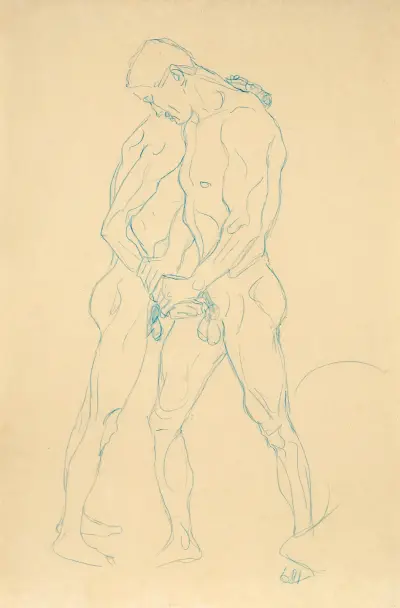 Zwei Männerakte. Studie zu Athleten, (Two male acts. Study for the Athletes) av Gustav Klimt