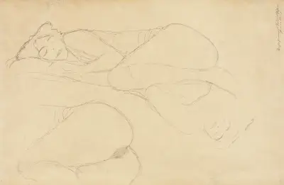 Zwei Studien einer Kauernden nach links, Kopfstudie av Gustav Klimt