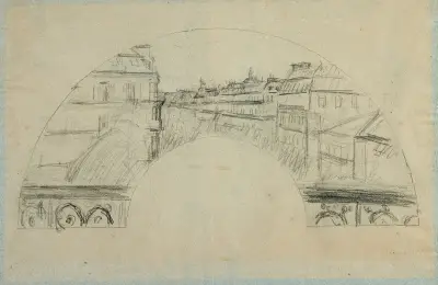 Paris, boulevard Haussmann; vue d’un balcon, projet d’éventail av Gustave Caillebotte