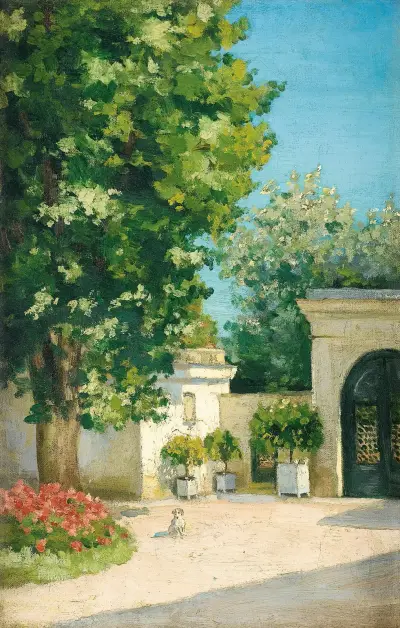 Yerres. De L’Exèdre, Le Porche De La Demeure Familiale av Gustave Caillebotte