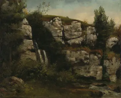 Landscape with Rocky Cliffs and a Waterfall av Gustave Courbet