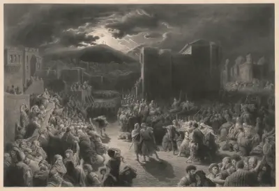 Crucifixion scene in stormy, dark town with crowds and Roman soldiers surrounding two men av Gustave Doré