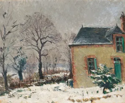 Maison campagnarde au bord d’un ruisseau sous la neige av Gustave Loiseau