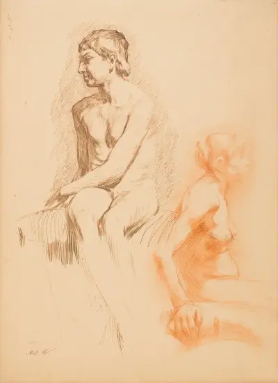 Study of a Female Nude and a Nude Boy, Seated av Gustave Vanaise