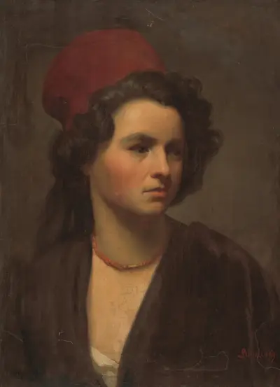 Portrait of a girl in a red scarf av Gyula Benczúr