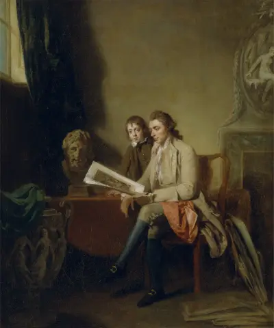 Portrét muže a chlapce prohlížejících si tisky, John Hamilton Mortimer