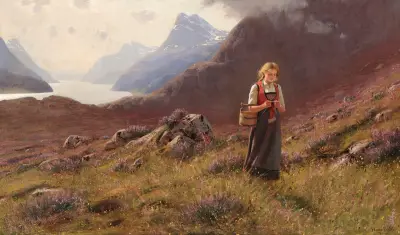 A girl knitting in a Norwegian landscape, Hans Dahl
