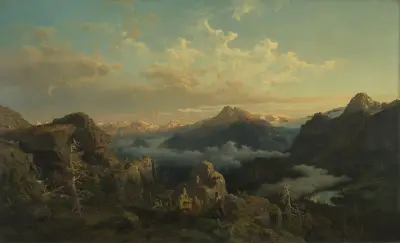 Norwegian Highlands in Sunrise av Hans Gude