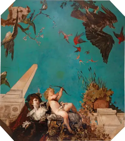A Ceiling Painting, Society Lady With Cupid In A Garden Landscape av Hans Makart