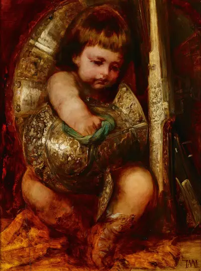 Putto, Cleaning The Arms Of Mars av Hans Makart