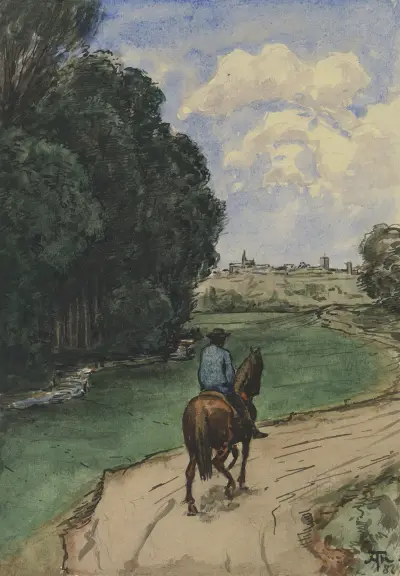 U okraje lesa. Jezdci na cestě, směrem do obrazu, Hans Thoma