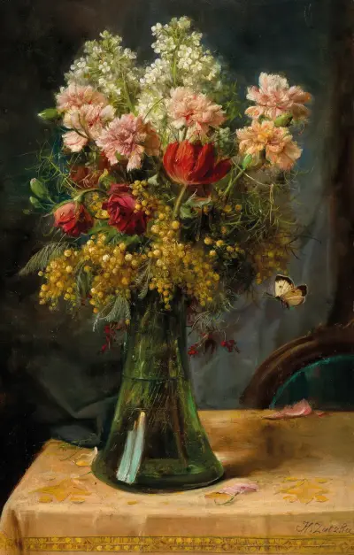 Blumenstrauß mit Tulpen und Nelken in Glasvase mit Schmetterling von Hans Zatzka