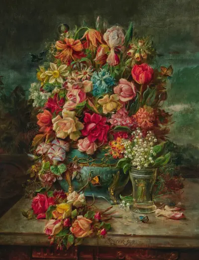 Ein großer Blumenstrauß mit Maiglöckchen in einer Vase von Hans Zatzka