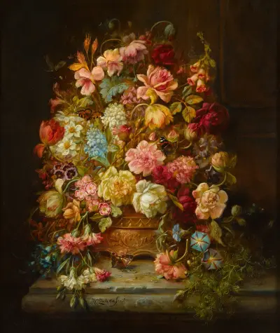 Stilleben mit Blumen in einer Jardinière auf einem Felsvorsprung von Hans Zatzka