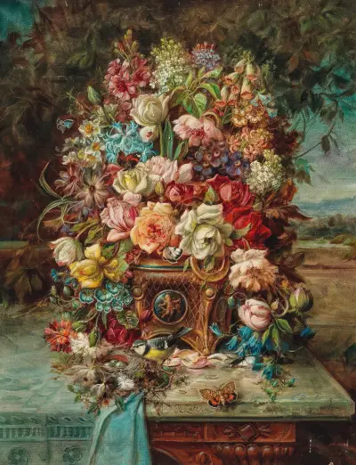 Reiches Blumenstillleben mit Blaumeise vor einer weiten Landschaft von Hans Zatzka