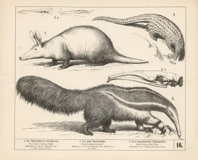 1. Mravencožrout (hrabáč). 2. Velký mravenečník. 3. Dlouhoocasý luskoun., 1882 – Nr. 2, Heinrich Leutemann