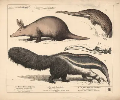 1. Mravencožrout (zemní prase). 2. Velký mravencožrout. 3. Dlouhoocasý luskoun, 1882 – Nr. 1, Heinrich Leutemann
