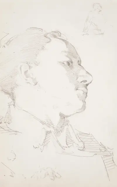 Luonnos maalaukseen Haavoittunut soturi hangella 1880, puolivartalo, kasvot, sormet, Helene Schjerfbeck