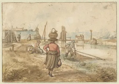 Říční krajina se ženou nesoucí koš na hlavě, rybáři a dalšími postavami u městských hradeb, Hendrick Avercamp
