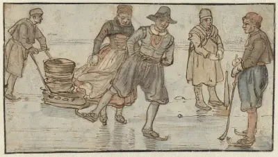 Bruslaři na ledě, muž tlačící sáně a hráč kolfu, Hendrick Avercamp