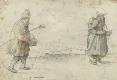Studie muže a ženy stojících na břehu zamrzlé řeky, s městem v dálce, Hendrick Avercamp