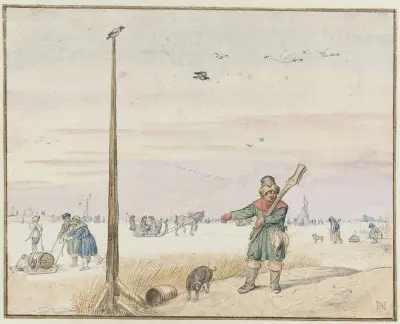 Zimní krajina s lovcem kachen s úlovkem v pásu a puškou přes rameno na břehu zamrzlé řeky, Hendrick Avercamp