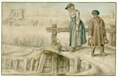 Zimní krajina se ženou a mladíkem na malém mostě, bruslaři a šibenicí v pozadí, Hendrick Avercamp