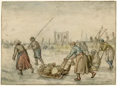 Zimní krajina se dvěma ženami a saněmi a dalšími postavami na ledě, v dálce šibenice, Hendrick Avercamp