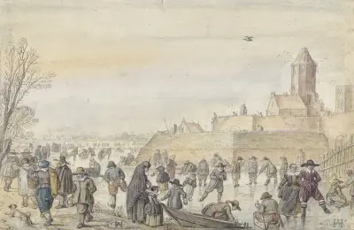Zimní scéna na zamrzlém kanálu u Kalverhekkenpoort, Kampen, Hendrick Avercamp