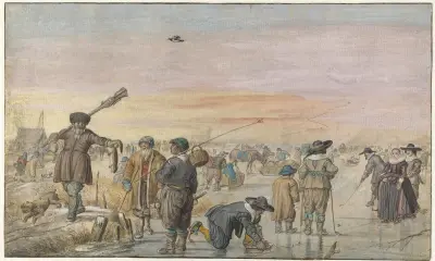Zimní scéna na ledě, s lovcem, který ukazuje vydru, Hendrick Avercamp