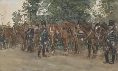 Huzaren staande naast hun paarden langs de kant van de weg av George Hendrik Breitner