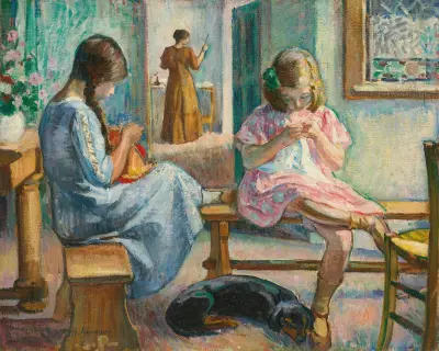 Marthe Et Nono Cousant Dans Un Intérieur av Henri Lebasque