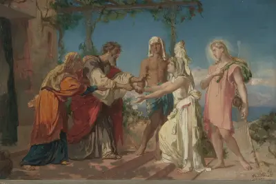 Tobias Brings His Bride Sarah to the House of His Father, Tobit von Henri Lehmann