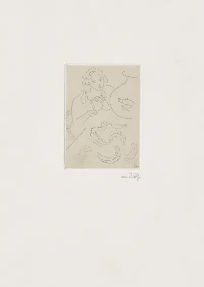 Figure mains jointes et nappe à décor persan av Henri Matisse