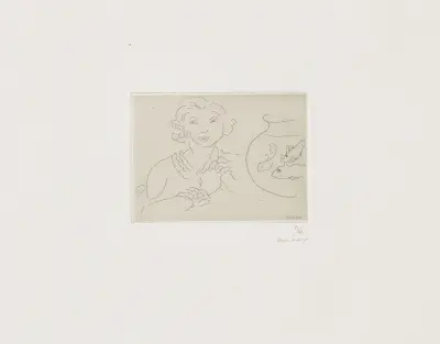 Jeune femme, mains croisées près d’un bocal de poissons av Henri Matisse