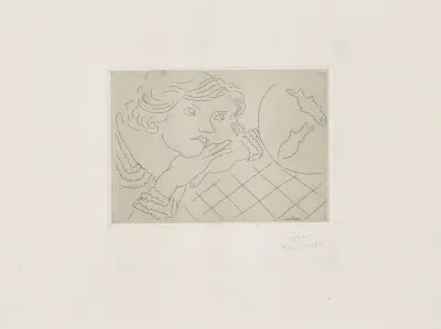Jeune femme, poissons rouges et nappe à carreaux av Henri Matisse