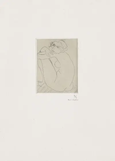 Nu accroupi sur banquette rayée av Henri Matisse